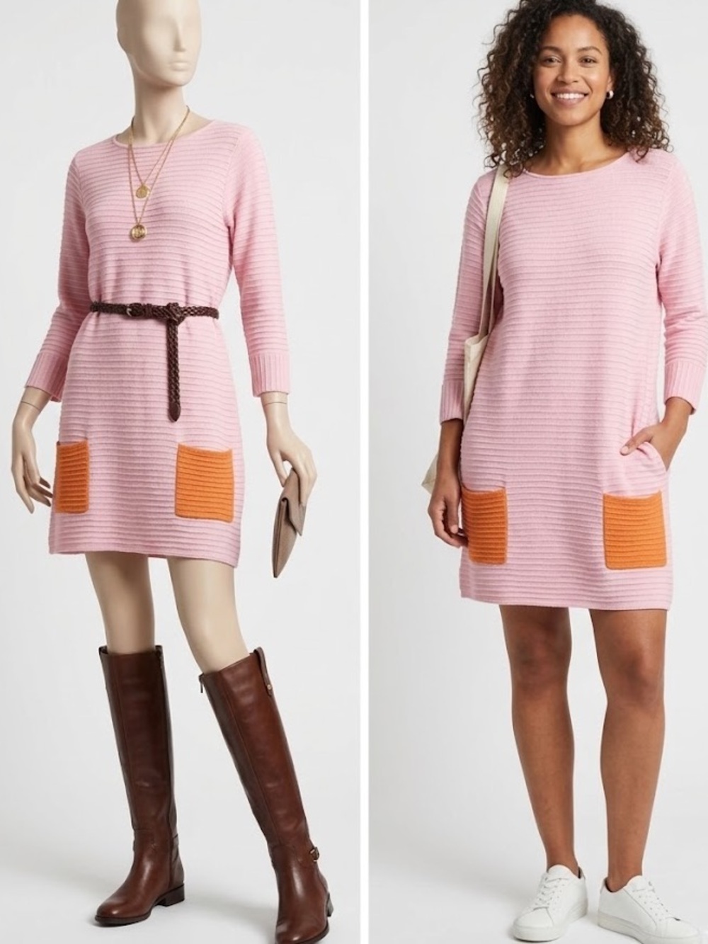 Margret Winters 100% Cotton Pink Shift Dress w/ Orange Pockets Artisan Knit Mod